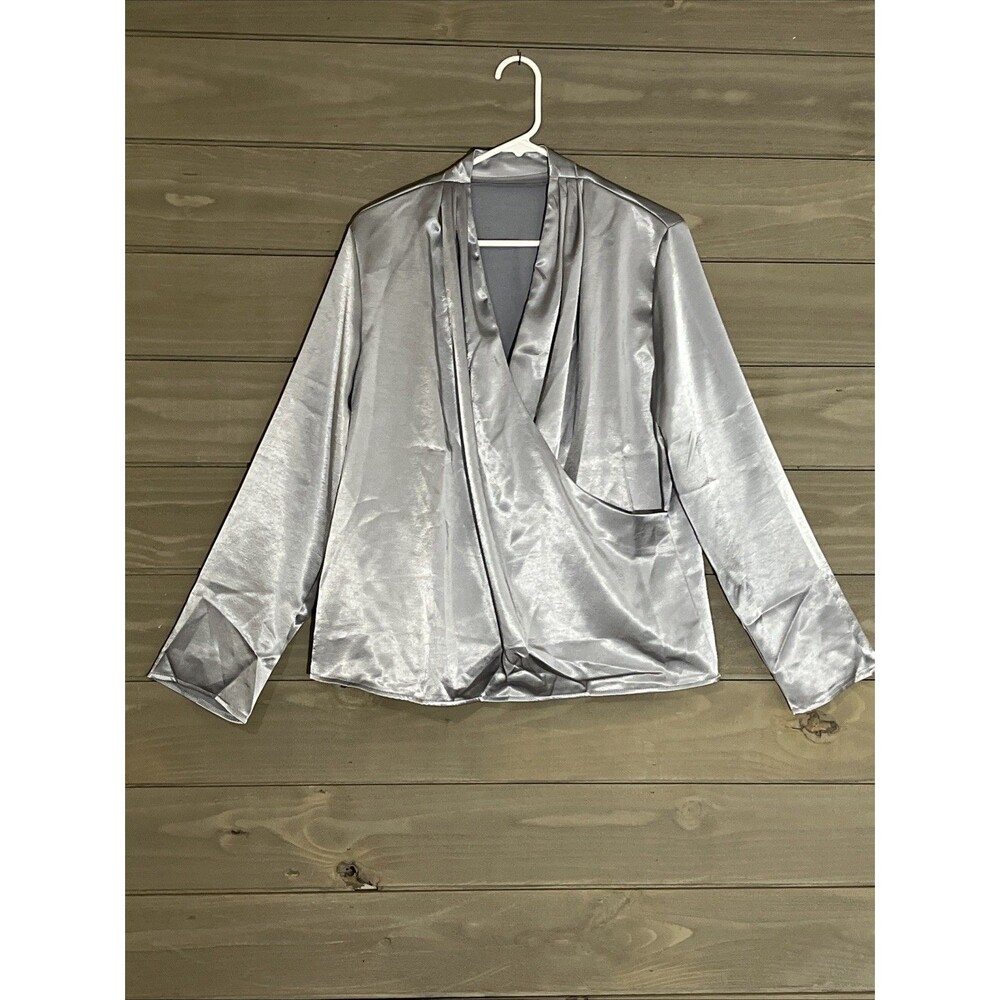 Womens Faux Wrap Satin Blouse XL Silver Blue NWOT Party Cruise Dressy